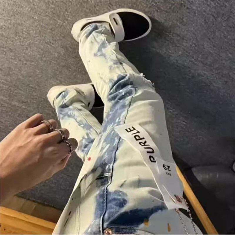 PUR Collection High Edition AM Foreign Trade Style Blue Distressed Slim Fit Stretch Printed Dyed Skinny Men's Jeans 008_voghion.com