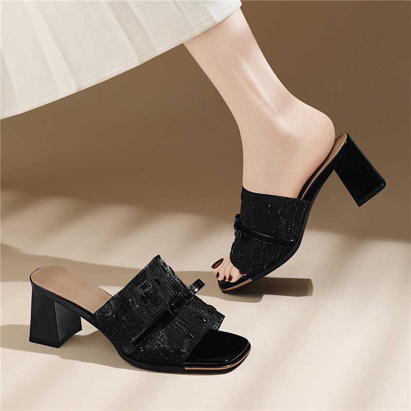 Sandal cao gót nữ hở mũi phong cách Pháp đính sequin lấp lánh gót vuông 6 cm — 7215 Màu đen, 7215 màu mơ