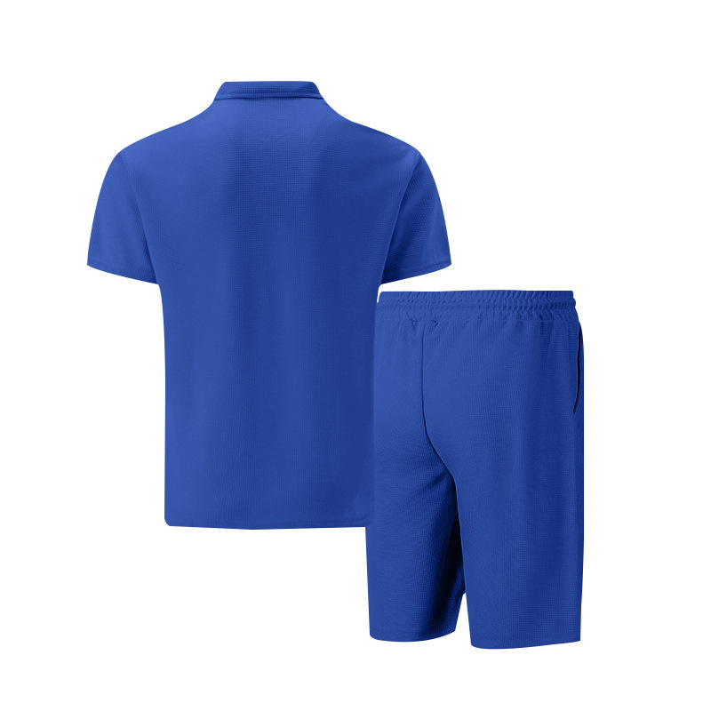 Men's Clothing Men's Casual Short Sleeve T-Shirt And Shorts Set Solid Color Lapel Zipper Waffle Design Summer Fashion_viptrois.com