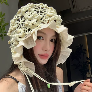 手工钩针花朵镂空流苏包头帽女夏季薄款套头帽子显脸小百搭针织帽