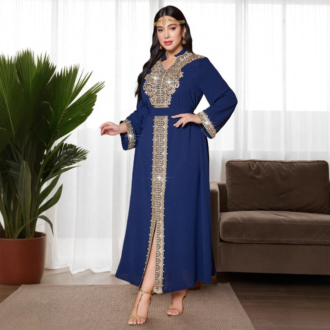 Middle Eastern Plus Size Vintage Arabic Dubai Embroidered Appliqué Rhinestone Dress Muslim Party Evening Gown_ecoleips.com
