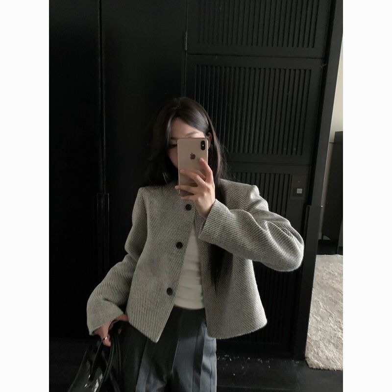 春秋新款复古圆领单排扣上衣女条纹宽松小香风外套女年轻简约时尚|undefined