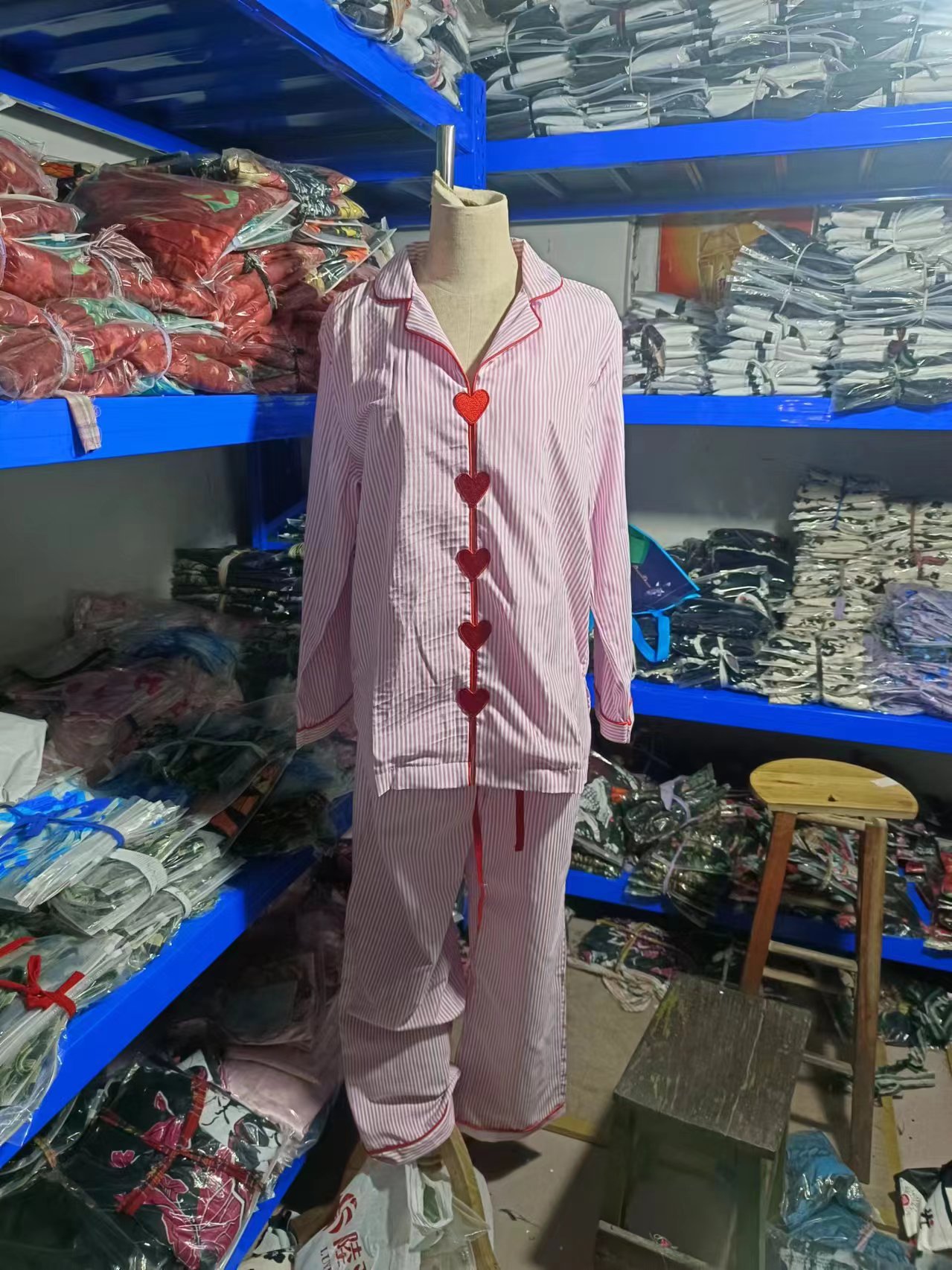 Stripe, Heart Shape Pattern Summer, Spring, Autumn Season Home Women's Casual Sweet Stripe Heart Shape Cotton Pants Sets Pajama Sets