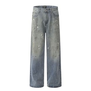 11Kn American Splash-Ink Straight Jeans for Men and Women with Gradient Loose Stereo Trendy Casual Stacked Slimming Look Wide-Leg Pants