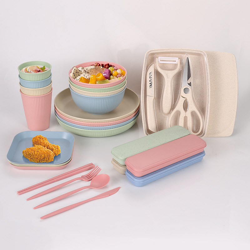 Tiktok Wheat Straw Plate, Bowl, Cup, Knife, Fork, Spoon, Chopsticks, Cutting Board, Fruit Knife, Outdoor Camping Style Portable Tableware Storage Set