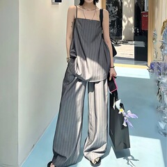 韓国スタイルのハイエンドノースリーブキャミソールトップ 2025 夏の新ストライプドレープワイドレッグパンツスーツ女性のための