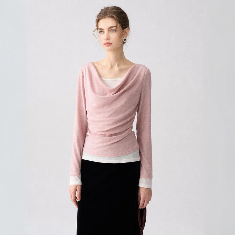 Healing-style color-blocked Lyocell Tencel faux wool sweater with a drop collar, women's long-sleeve stunning top, autumn T-shirt