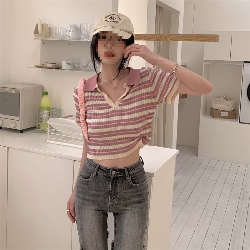 American Retro Style Color-Block Striped Collar Knit Top, Summer Trendy Design, Niche Short-Sleeve Shirt for Women