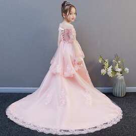 儿童婚纱蓬蓬纱拖尾超长花童钢琴演出服女童生日走秀礼服公主裙春