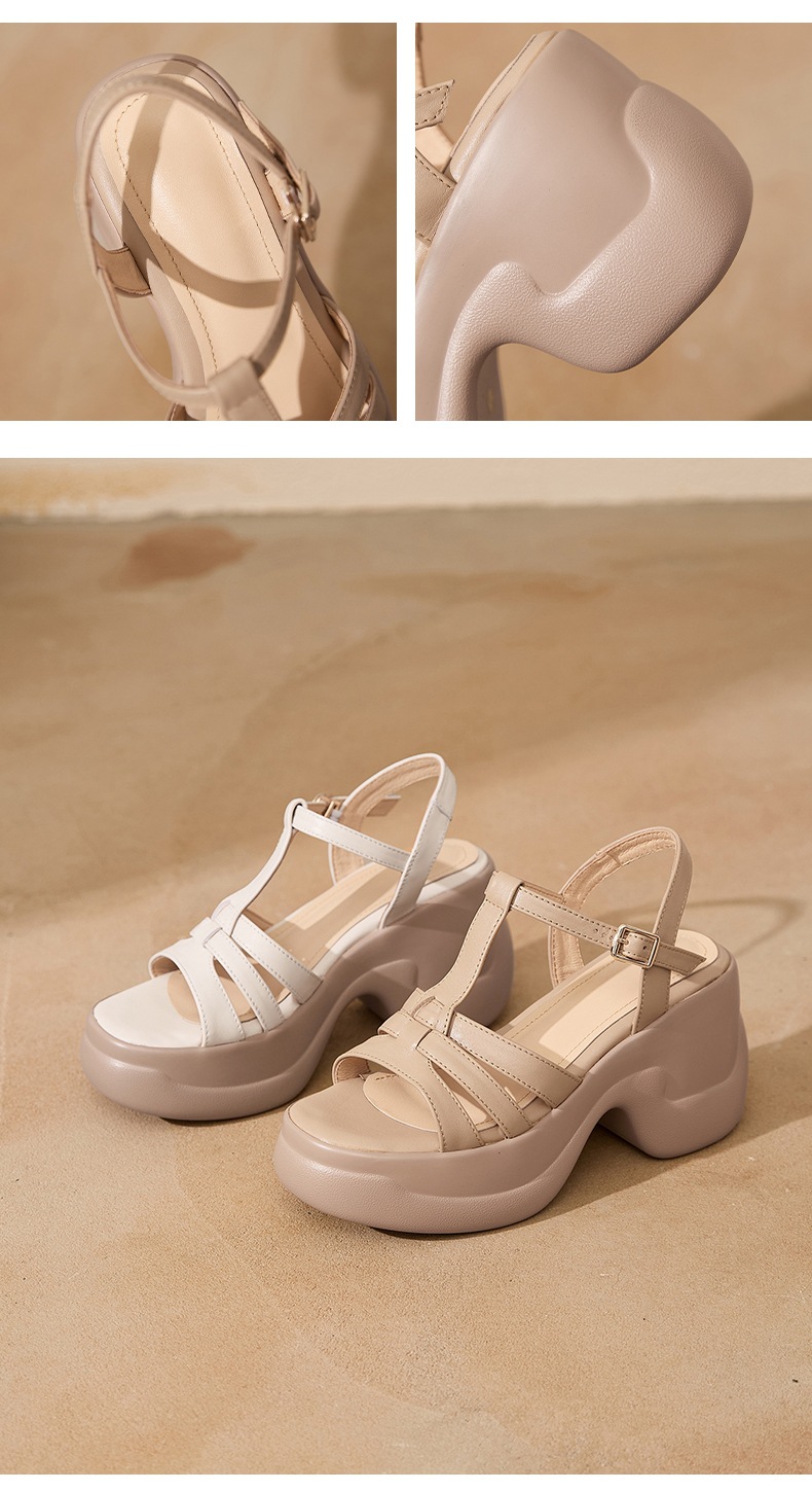 Sandal nữ hở mũi da bò thật gót xuồng đế dày quai chữ T — màu trắng ngà chi tiết 9