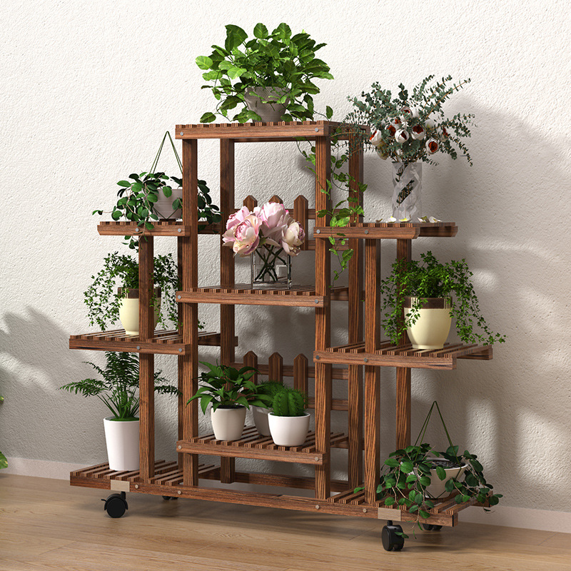 Soporte de flores de madera maciza de pie multi-capa soporte de flores sala de estar interior móvil balcón maceta planta rack de almacenamiento image 2