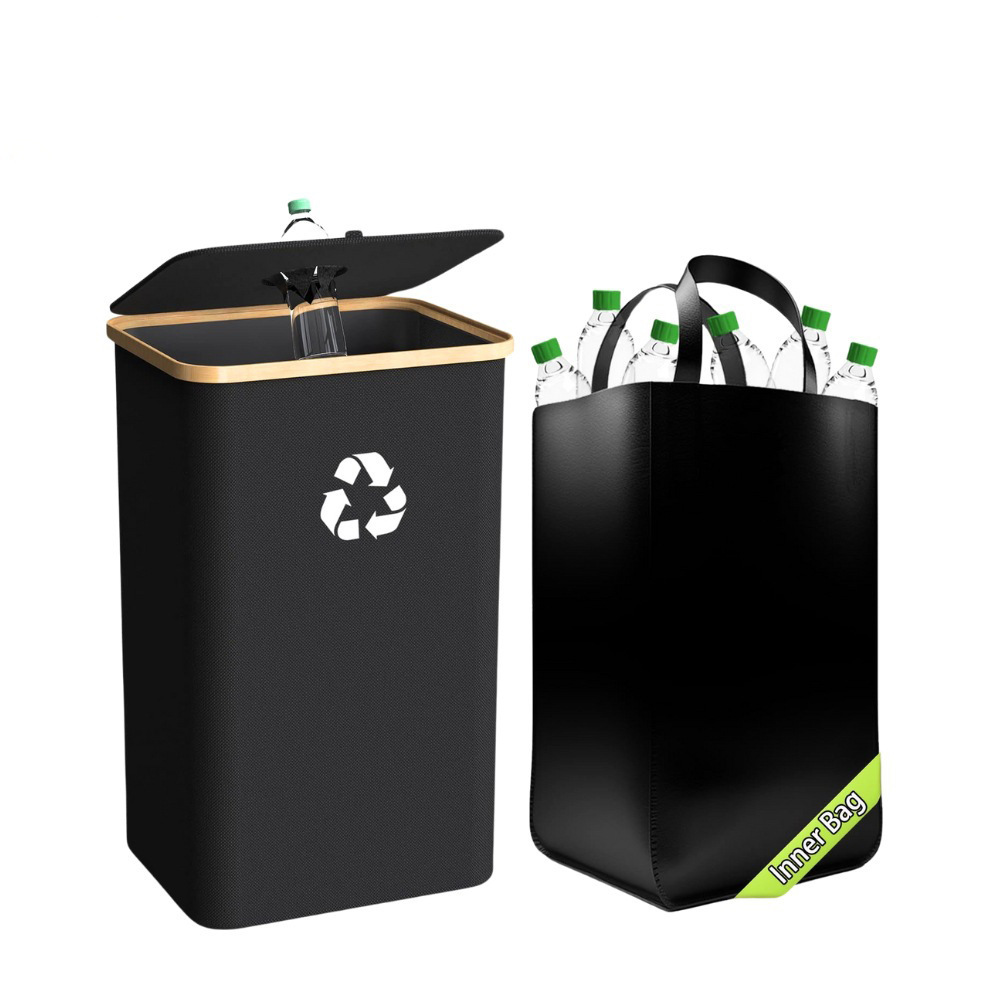 Botella reciclada cesta de almacenamiento de bambú con cubierta cesta de ropa sucia cesta de almacenamiento desmontable cesta de reciclaje caja de reciclaje plegable doméstica