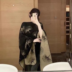 新中式老钱贵气千金仿羊绒国风披肩双面印花气质围巾外套秋·黑驼