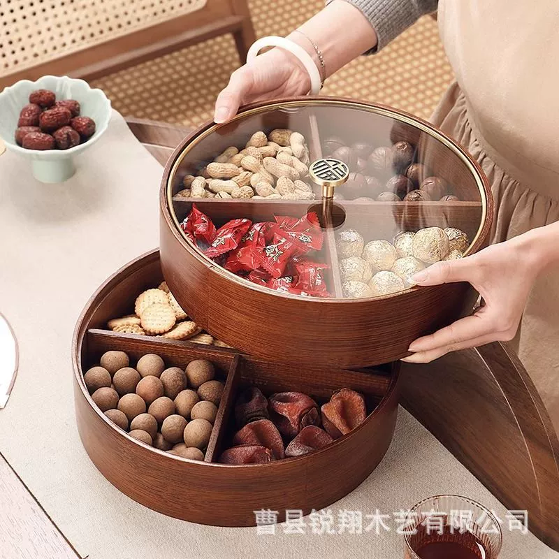Новая круглая деревянная коробка в китайском стиле с орехами, ретро двухслойная деревянная коробка для десерта, кондитерских изделий, коробка для чая, орехов, закусок