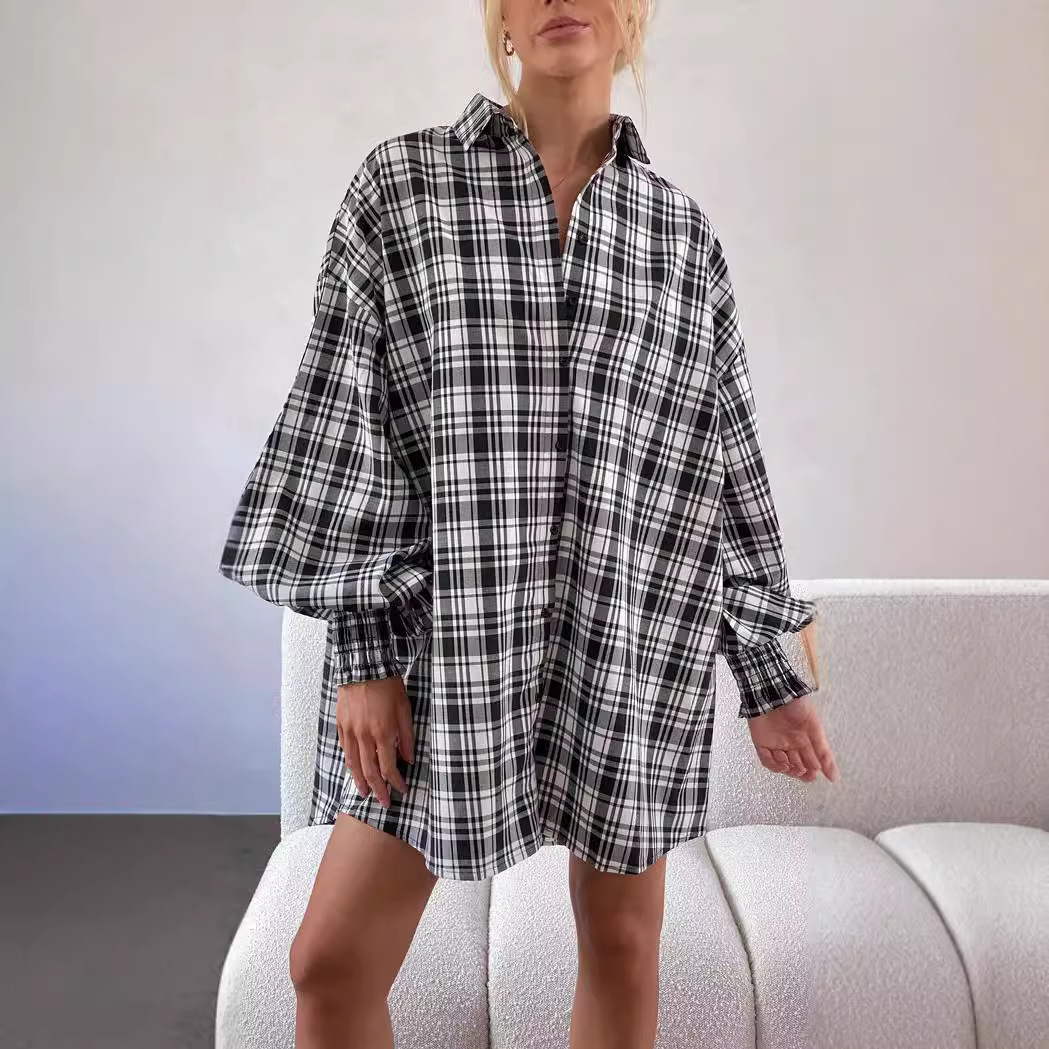 Moda casual 25 años de comercio exterior europeo y americano transfronterizo Amazon otoño e invierno camisa de manga larga con mangas de linterna a cuadros 22120