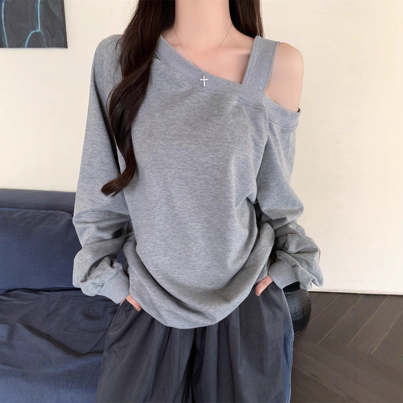 欧美风纯色实拍华棉复合宽松卫衣女斜肩一字领露肩秋冬装|undefined