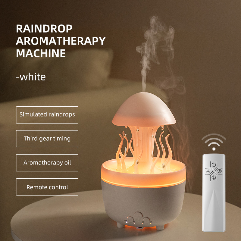 Nuevo control remoto medusa lluvia humidificador giratorio luces de colores atomización ultrasónica gotas de lluvia humidificación nube lluvia fragancia de hongos