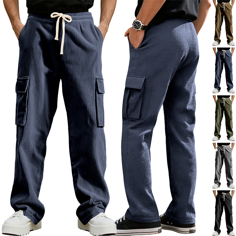 Cross-Border Amazon Summer American Retro Workwear Casual Sports Pants Men's Loose Straight Wide-Leg Corduroy Trousers