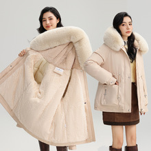 派克服女中长连帽新款冬季内胆加绒大毛领棉服外套加厚保暖防寒服