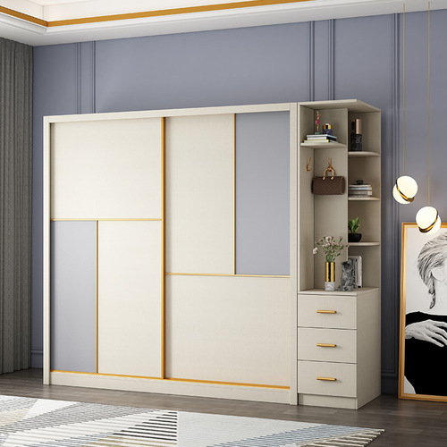全实木多层板推拉门衣柜现代简约北欧网红卧室家用生态免漆滑柜子