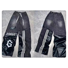 欧货牛仔裤女2025秋季新款个性重工刺绣拼接PU皮杠条休闲潮牌长裤