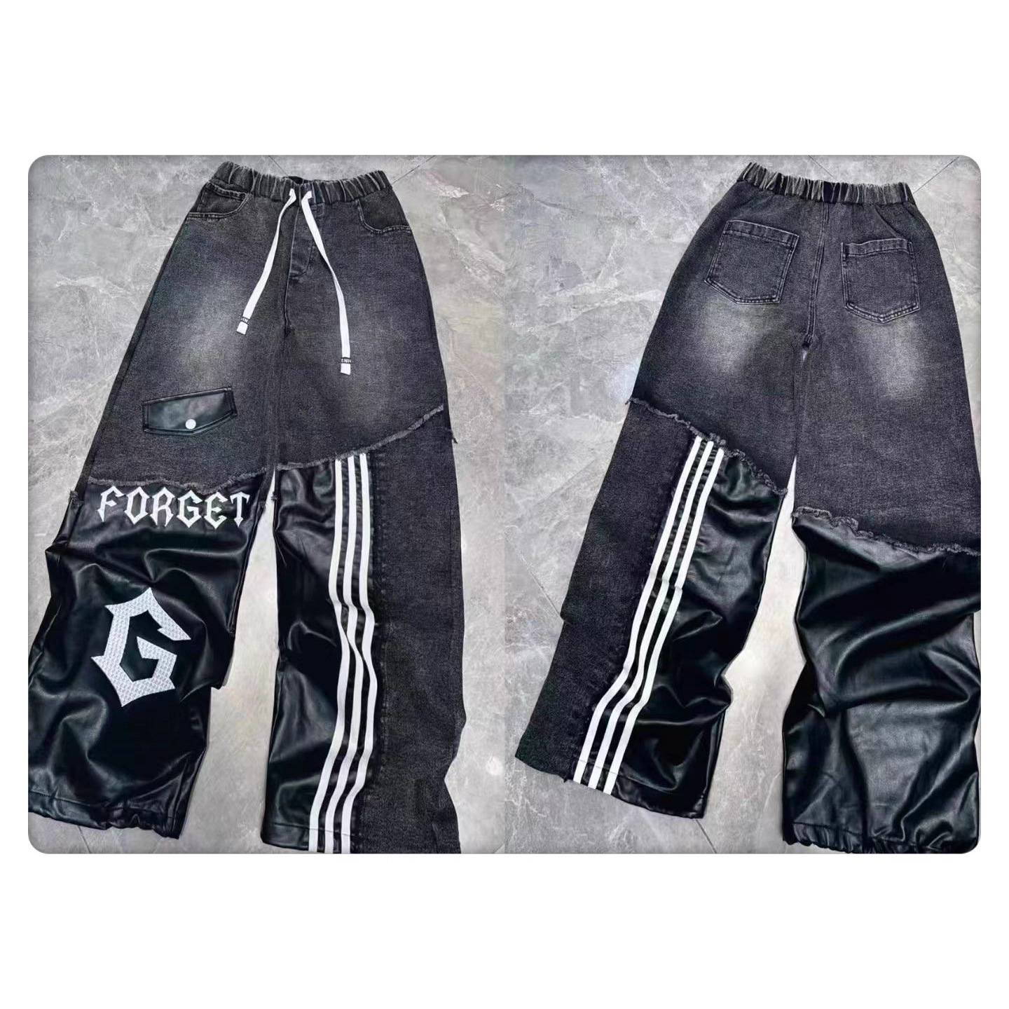 欧货牛仔裤女2025秋季新款个性重工刺绣拼接PU皮杠条休闲潮牌长裤