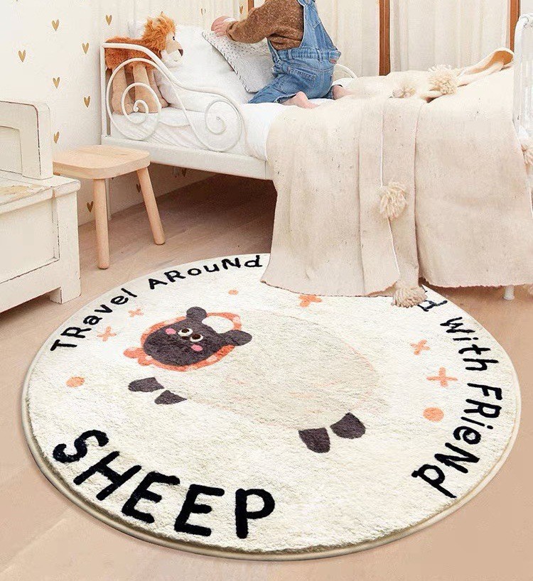 卡通圓形仿羊絨地毯客廳臥室兒童房加厚防滑隔涼寶寶爬行毛絨地墊