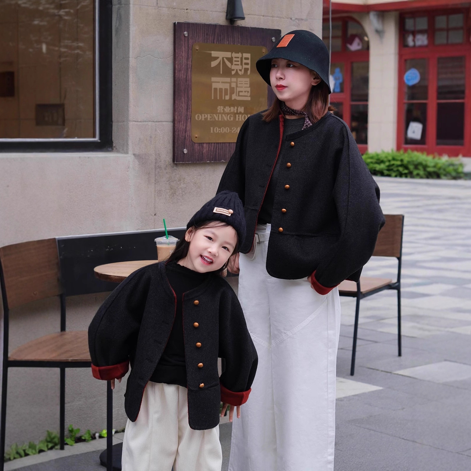 儿童冬季撞色双面羊毛呢外套亲子大衣  女新款短款设计感呢子外套