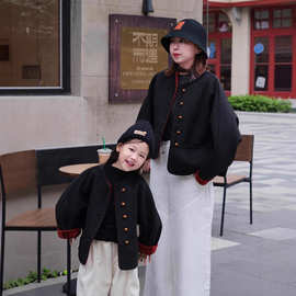 儿童冬季撞色双面羊毛呢外套亲子大衣  女新款短款设计感呢子外套