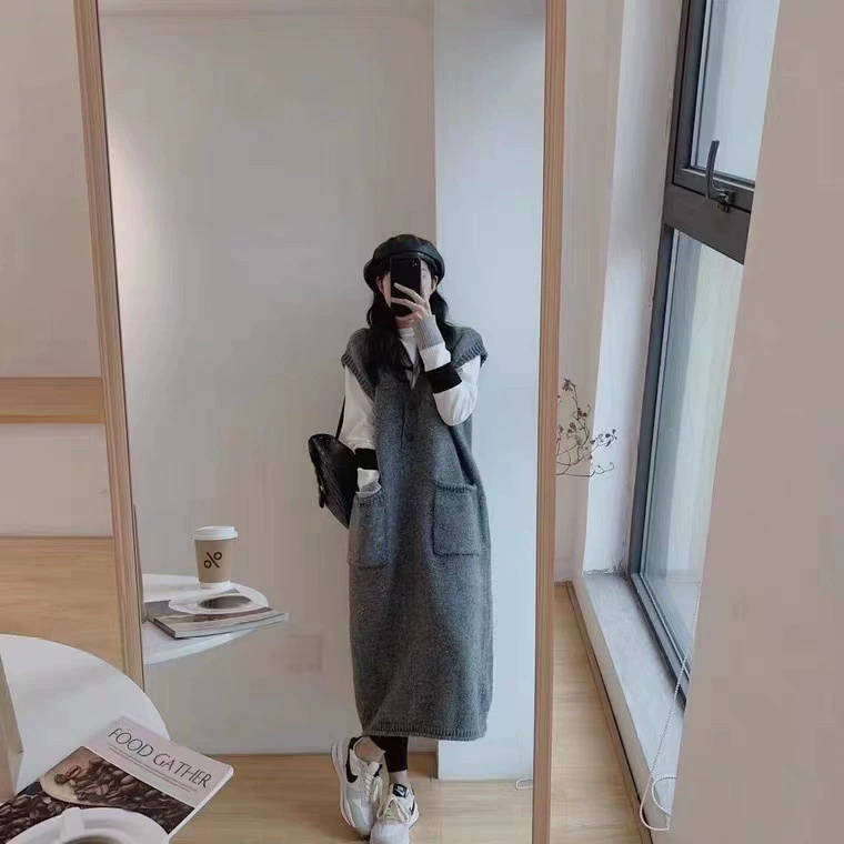 Платье-свитер-жилет Женское осенне-зимнее Новое свободное тонкое вязаное платье средней длины без рукавов в Корейском стиле, модная верхняя одежда