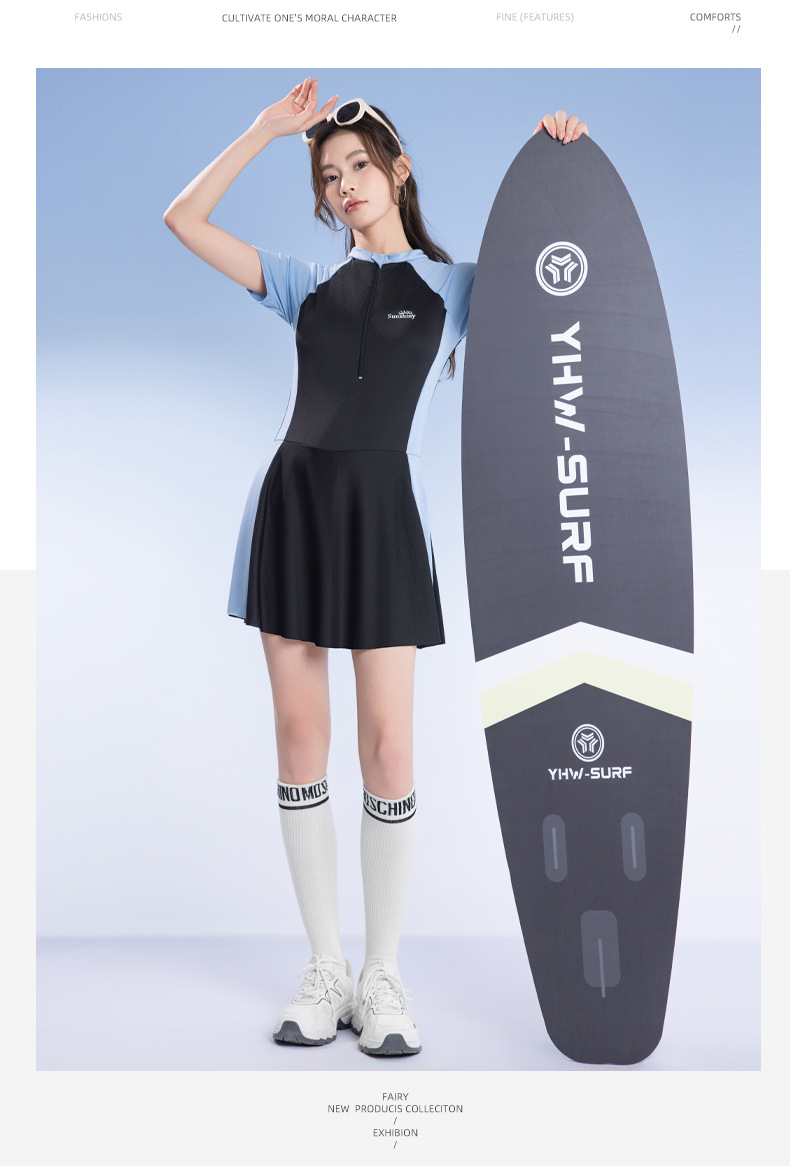 レディースワンピース水着 保守的スポーツ風 体型カバー 夏ビーチ 詳細画像