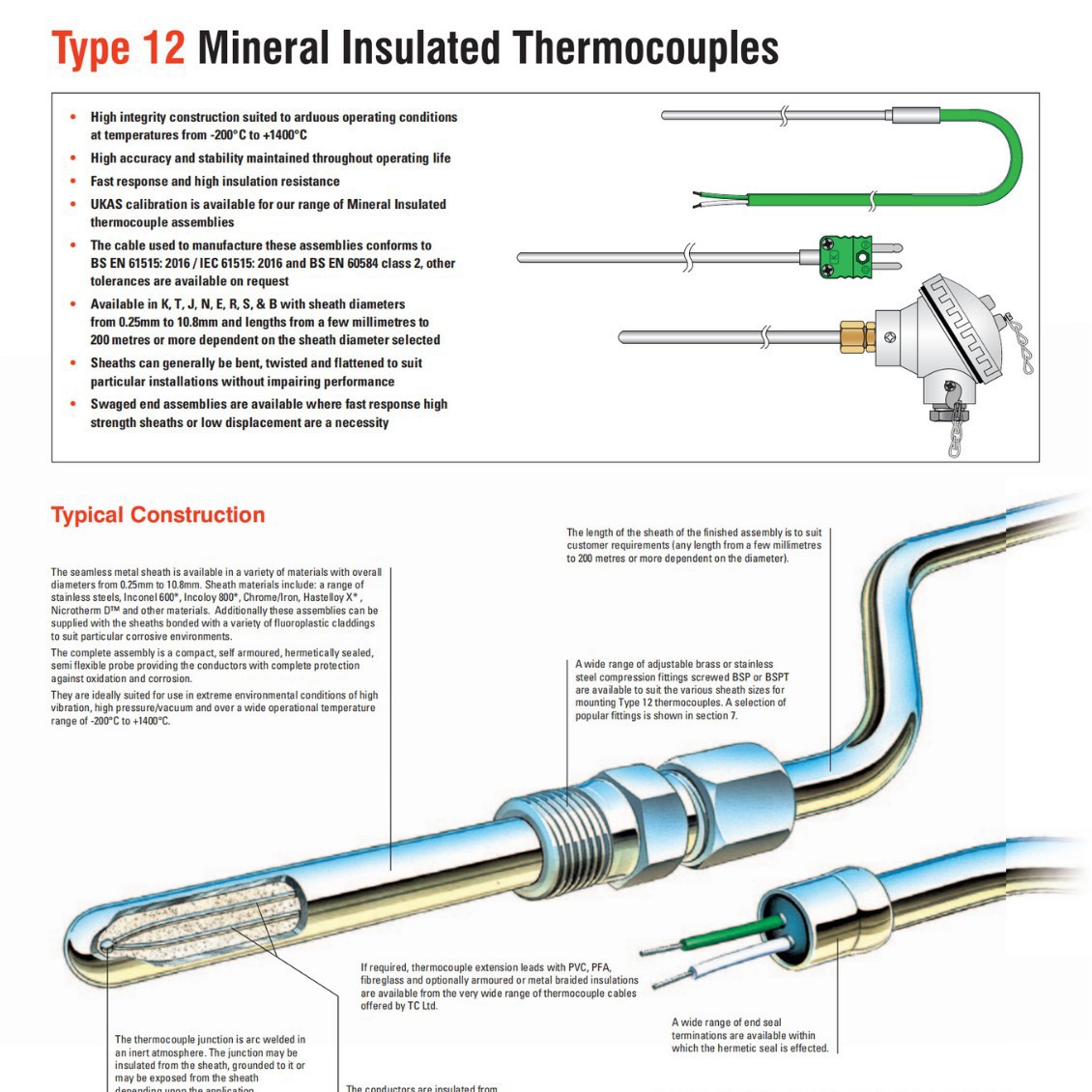 英国TC进口原装温度传感器各种工业应用矿物绝缘热电偶