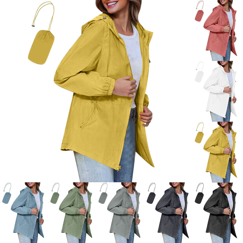 Amazon Cross-Border Women's Solid Color Portable Waterproof Jacket Lightweight Raincoat Rainproof Jacket Raincoat Hooded Jacket