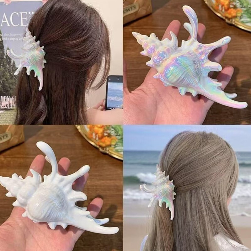 クリエイティブなデザインの法螺貝ヘアピン、サマービーチスタイルシャーククリップ、オーシャンヘアアクセサリー、ヘッドドレス、トラベルヘアグリップ|undefined