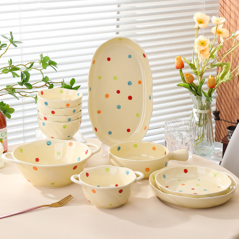 Cream Love Ceramic Tableware suit Creative Household Wave Dot Bowl Plate Housewarming Gift Rice Soup Bowl Combination