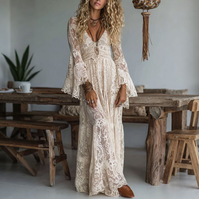 Cross-Border European-Style Elegant V-Neck High-Waisted Lace Patchwork Casual Long-Sleeve Dress Cross-Border European-Style Elegant V-Neck High-Waisted Lace Patchwork Casual Long-Sleeve Dress