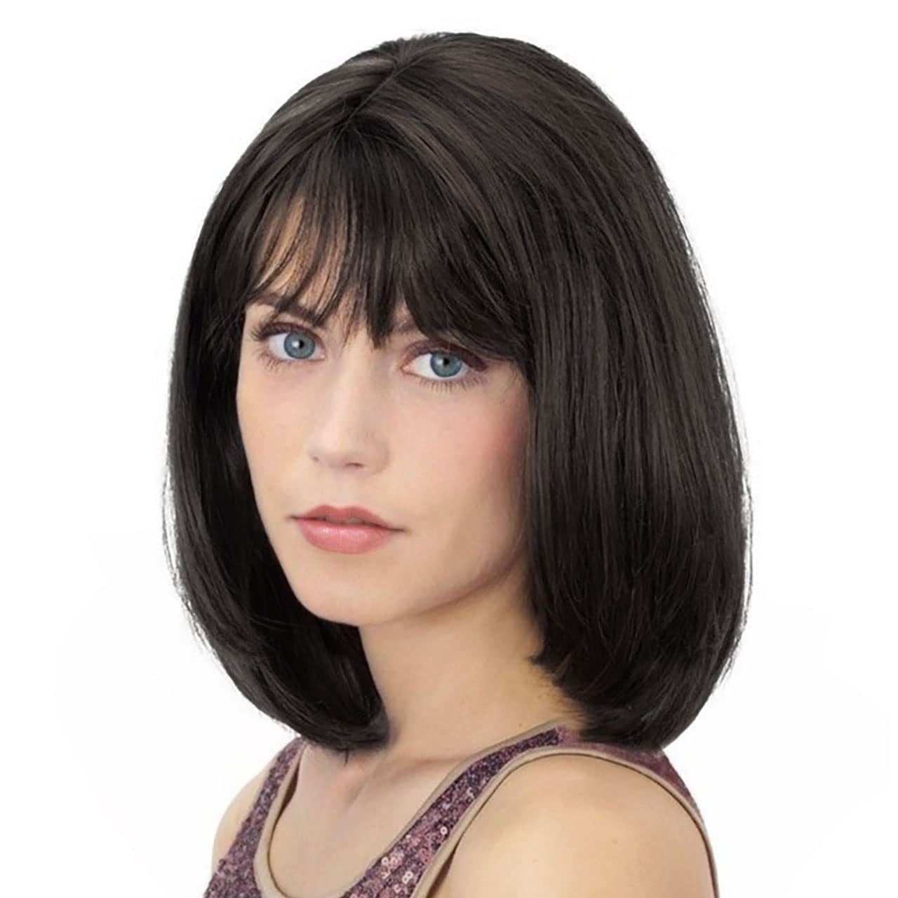 Women's Shoulder Length Bob Hair Wig Synthetic Fiber European American Style Full Headpiece With Bangs Machine Made Short Hair Wigs_voghion.com