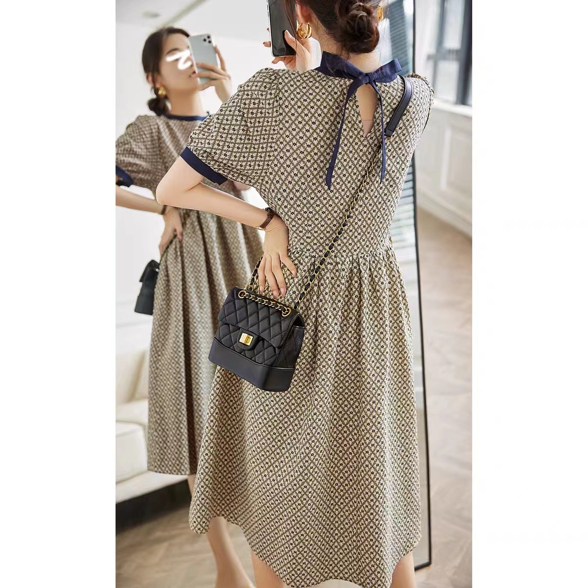 Váy maxi nữ eo cao dáng suông họa tiết caro kẻ ô — In màu xanh lá cây chi tiết 1