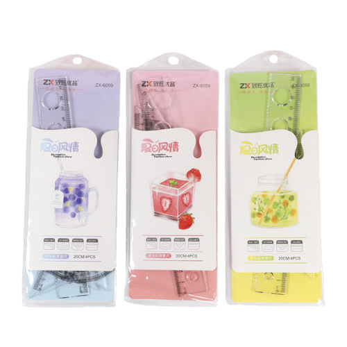 Cartoon transparent ruler set student learning stationery 20cm men's and women's triangle ruler four-piece set combination ruler batch