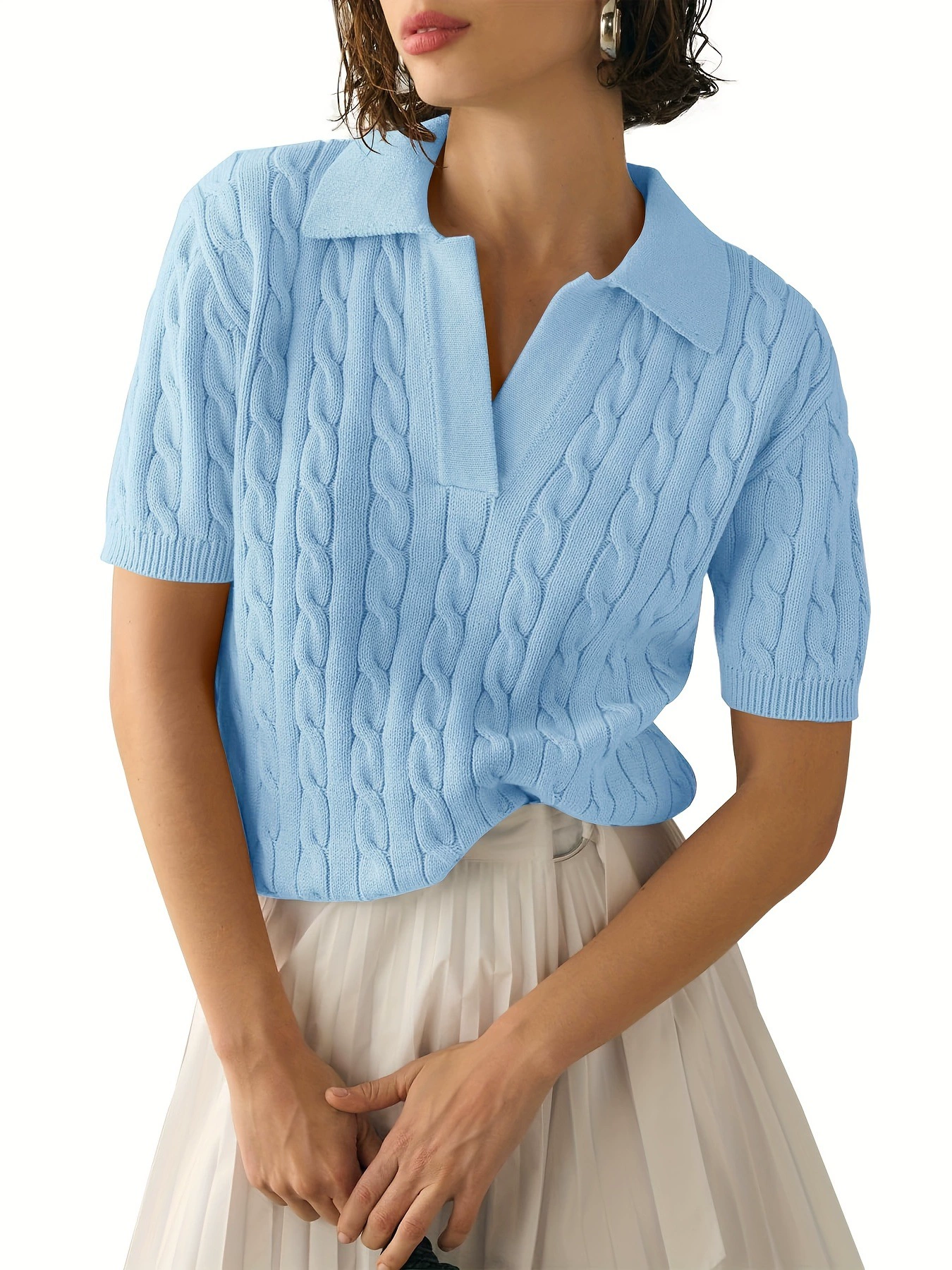 Womens Short Sleeve V Neck Sweaters Cable Knit Collared Cross-border
