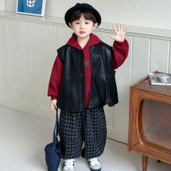 男童连帽卫衣三件套2025新款春秋季韩范套装痞帅衣服儿童装皮马甲