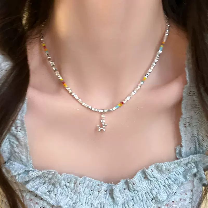 童趣满满~多巴胺彩色气球狗项链女小众高级碎银子串珠锁骨链配饰
