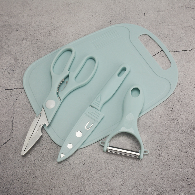 Cuchillo de frutas suplementarios para bebés de cuatro piezas Cuchillo de acero inoxidable Cuchillo de cepillado de melón Juego de tabla de cortar para verduras pp al por mayor