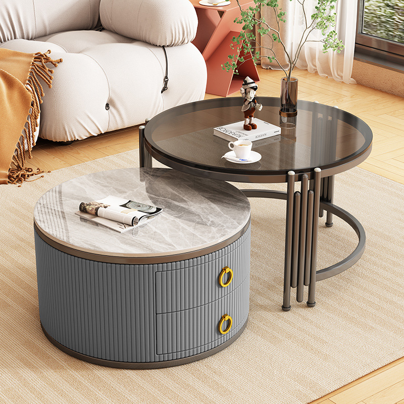 Tabla de té moderna de vidrio de roca personalizada combinación de tamaño para sala de estar simple retráctil redonda pequeña casa adecuada