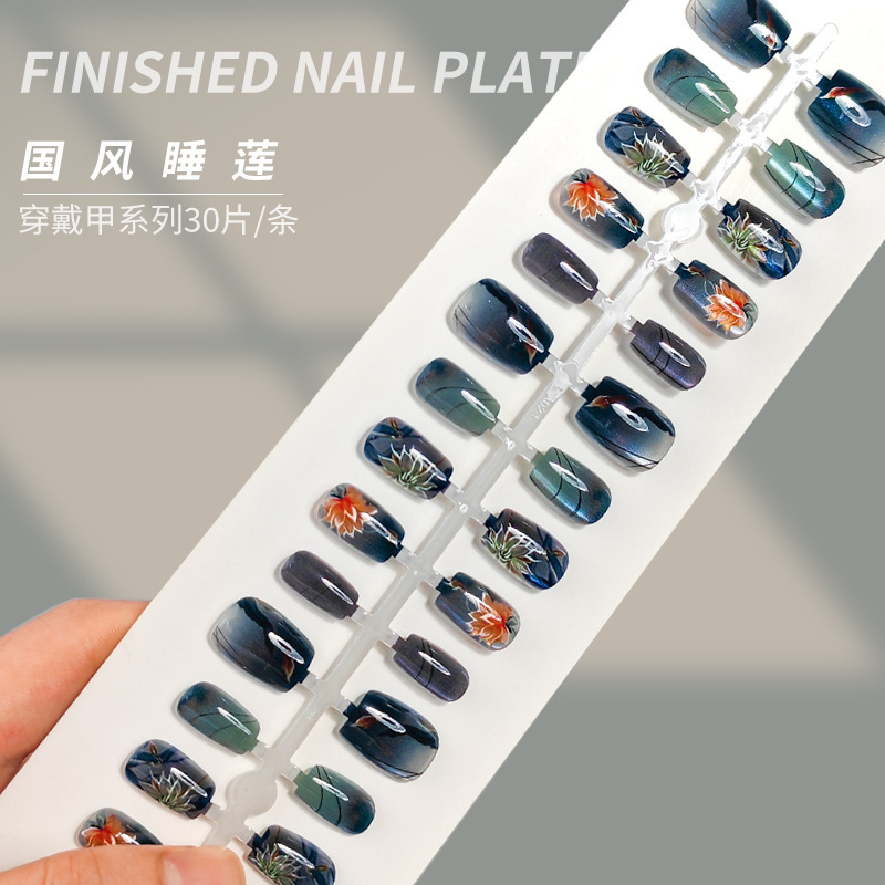Manicure Chinese Style Dark Green Water Lily Cat Eye Wearable Nails Retro Prefabricated Fake Nail Patches Wholesale Manicure Chinese Style Dark Green Water Lily Cat Eye Wearable Nails Retro Prefabricated Fake Nail Patches Wholesale