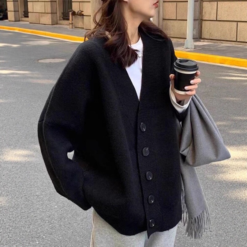 黑色羊毛外套女大码2025加厚外穿复古中长款慵懒宽松v领开衫毛衣|undefined
