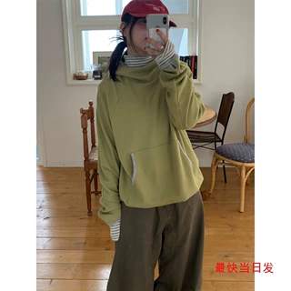 韩系复古休闲宽松男友风华夫格显瘦拼色连帽卫衣