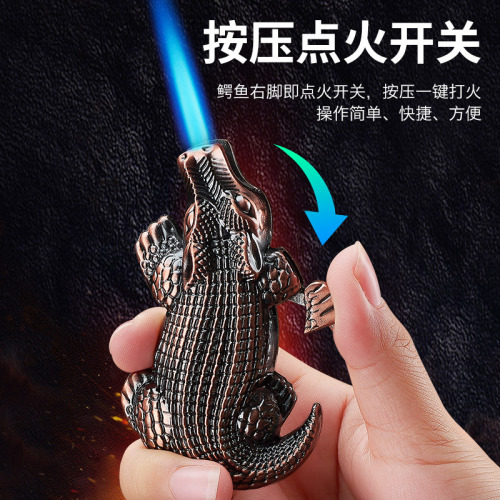 Crocodile shape inflatable lighter gas new unique creative personality windproof straight blue flame metal funny ornaments