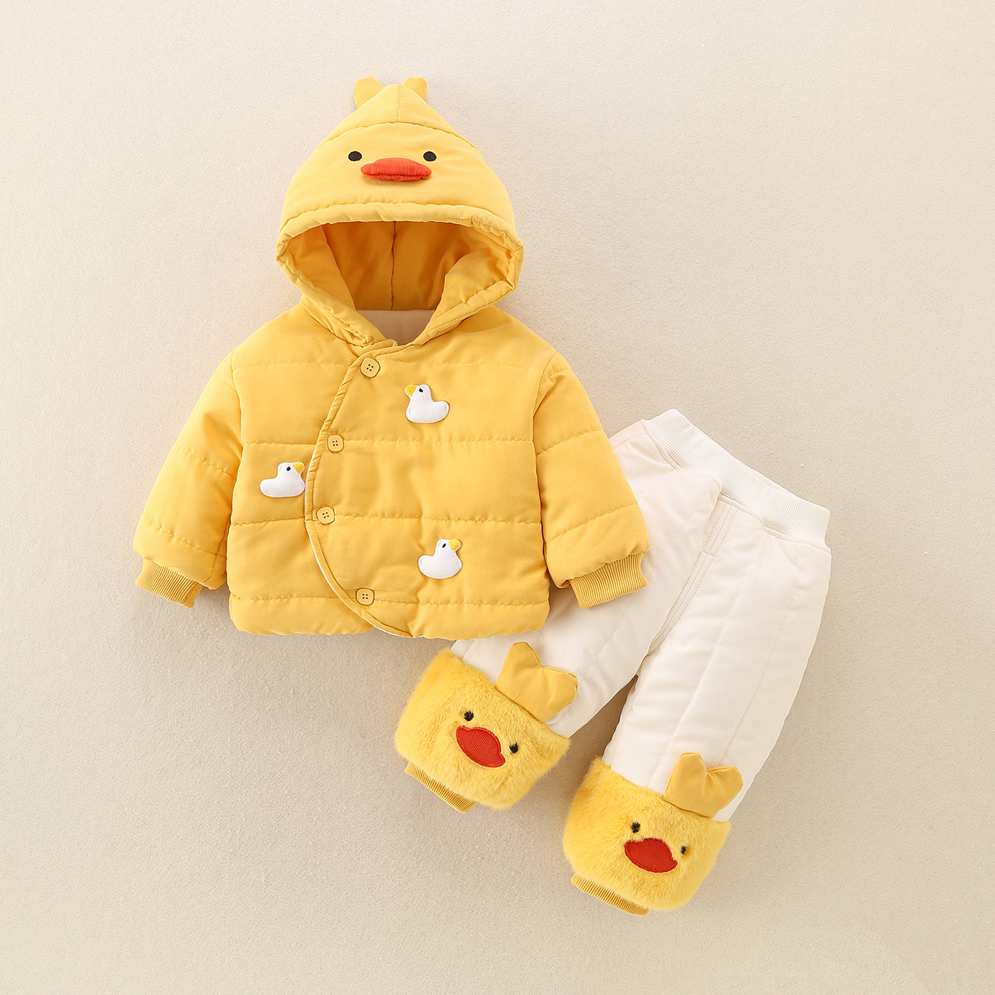 网红爆款婴儿幼童套装加绒加厚分体衣服小宝宝保暖棉服超萌两件套