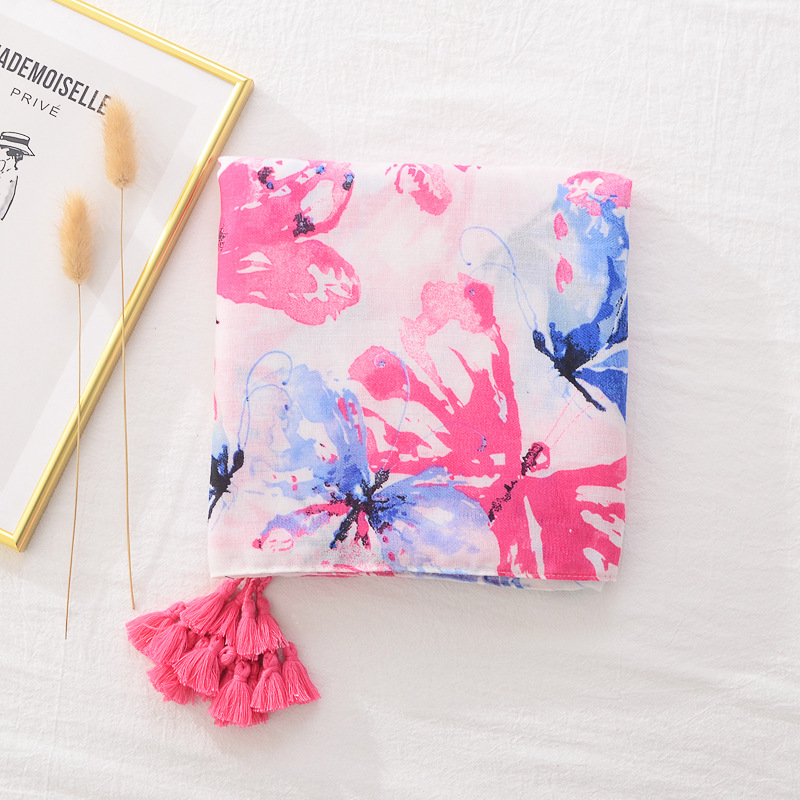 Primavera y verano color brillante moda bufanda de seda del todo fósforo estilo artístico de las mujeres chal largo rojo mariposa azul impreso algodón y lino sensación bufanda